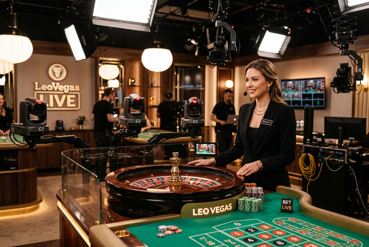 A high-end live casino studio with a professional dealer at a roulette table.