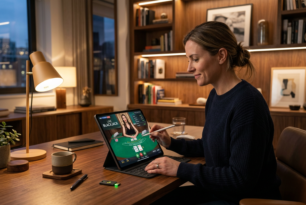 A person using a tablet to play live casino games with a focus on security symbols.