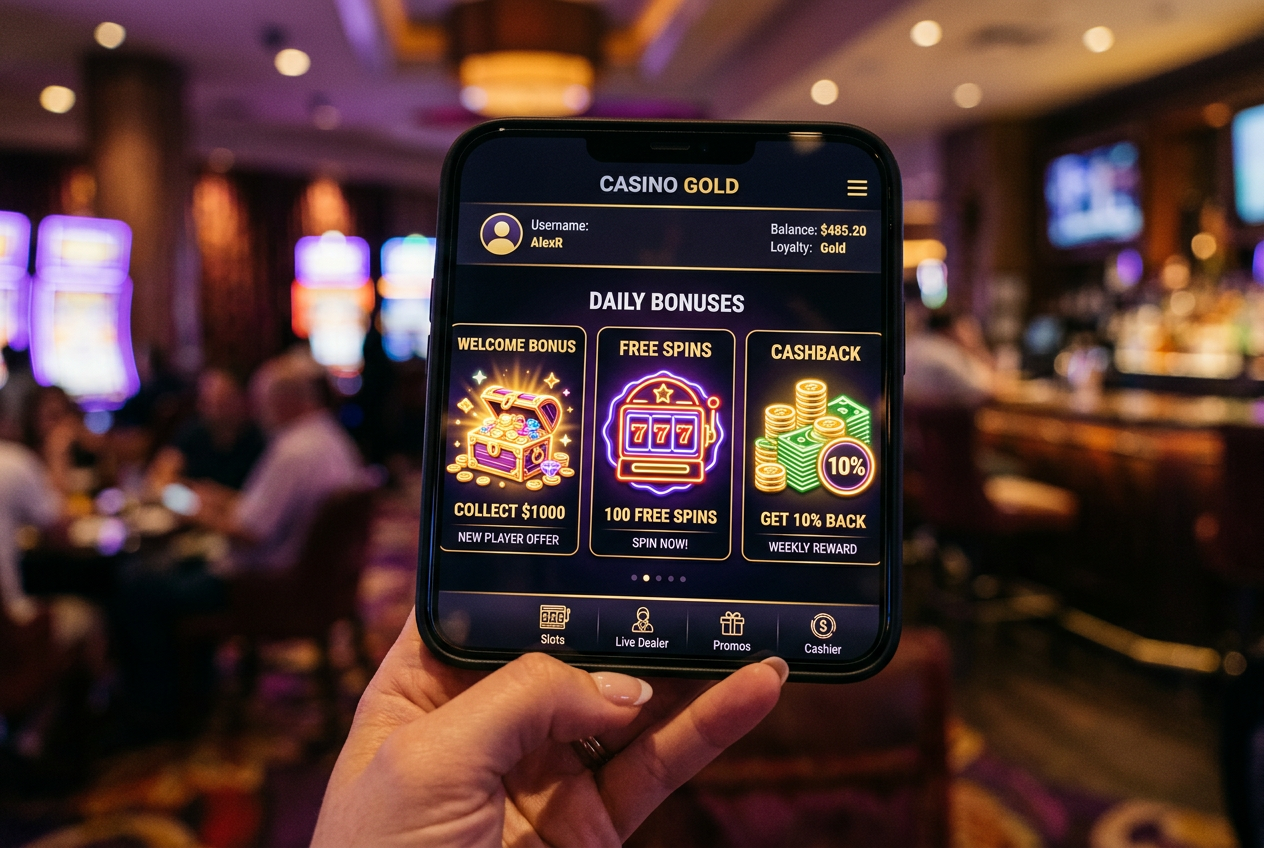 A collection of casino bonus icons such as gift boxes, free spins, and coins on a digital interface.