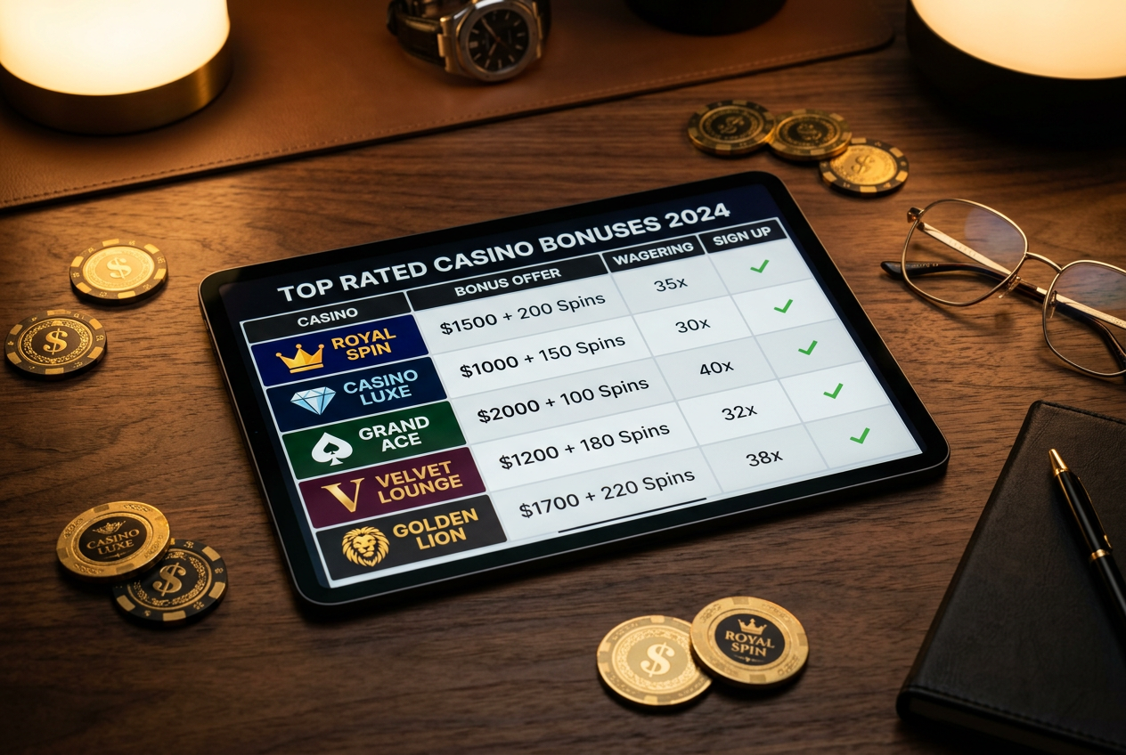 A luxury tablet displaying a comparison table of casino bonuses with gold coins nearby.