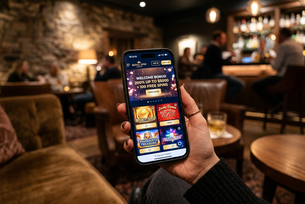 Μια σύγχρονη διεπαφή online καζίνο σε smartphone με εικονίδια παιχνιδιών και μπόνους.