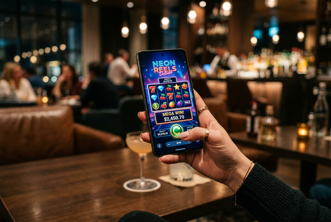 A person using a smartphone to access a modern online casino interface in a relaxed setting.