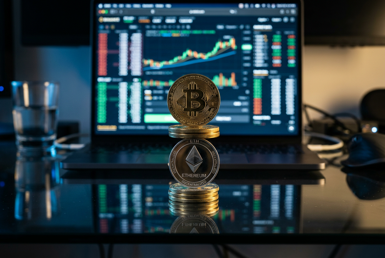 Physical representations of Bitcoin and Ethereum coins symbolizing digital payment methods in online gaming.