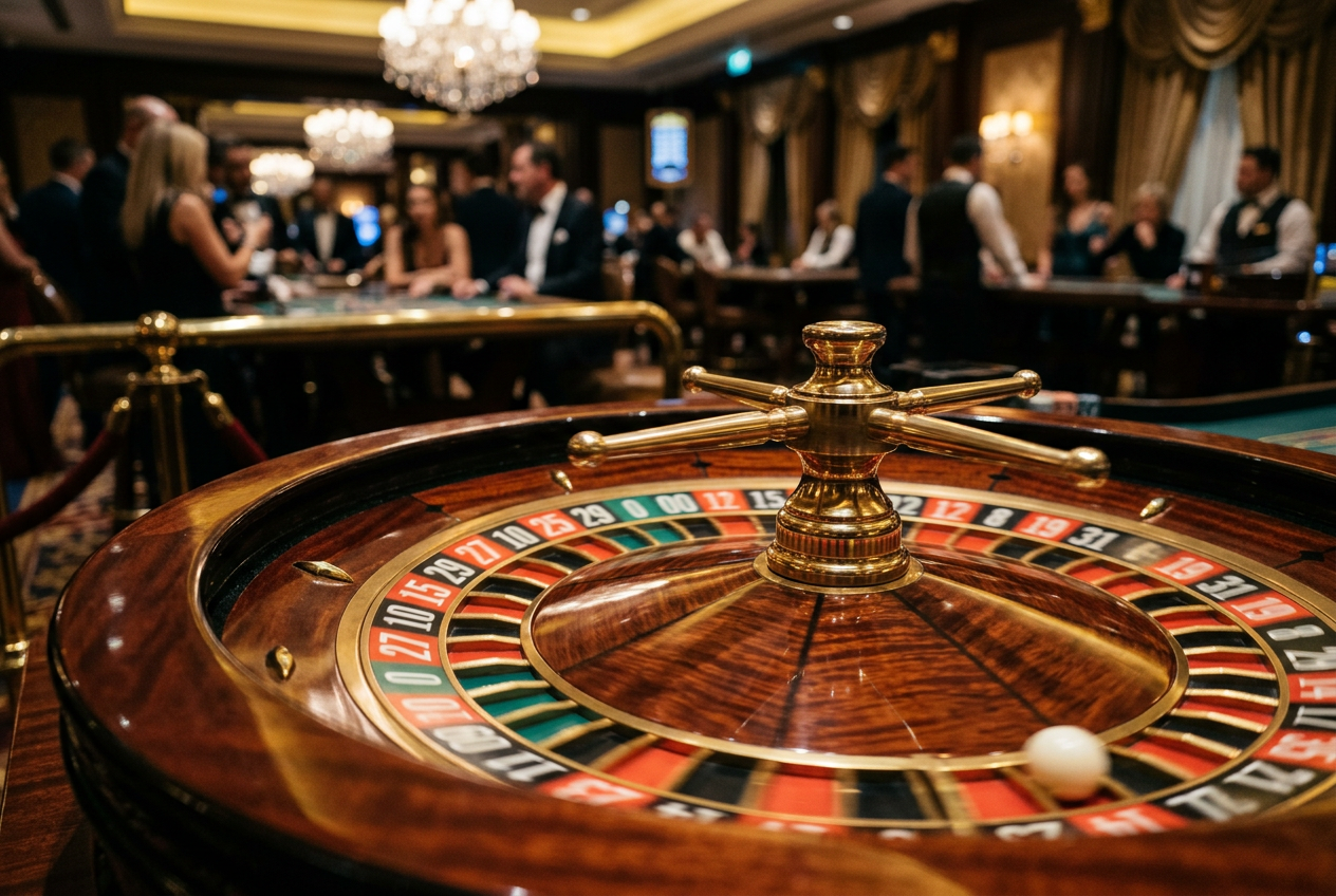 A close-up of a spinning roulette wheel in a live casino.