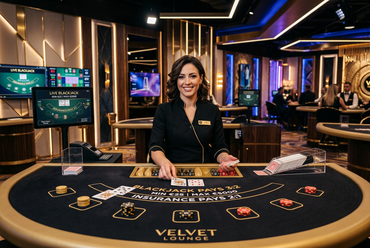 A luxurious live casino studio with a professional dealer.