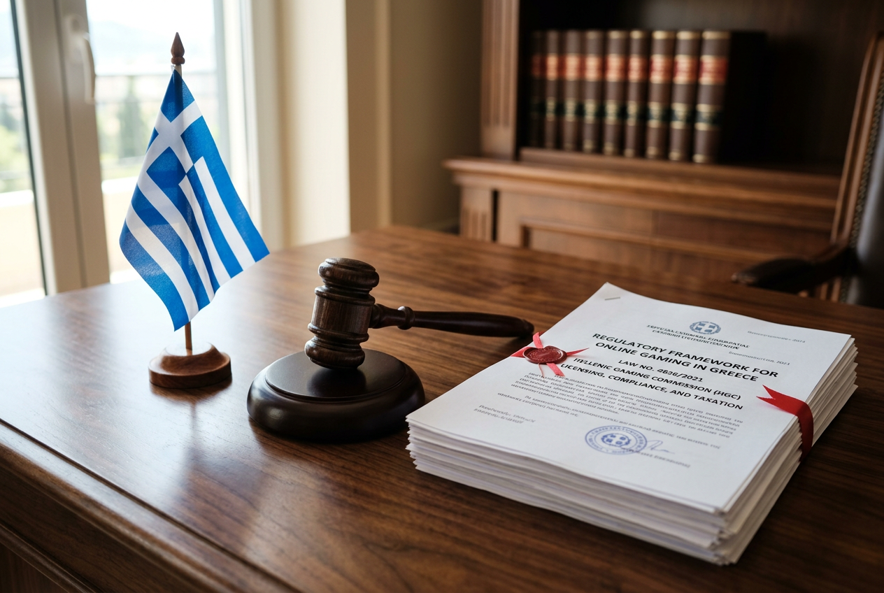Official documents and a Greek flag representing gaming regulation.