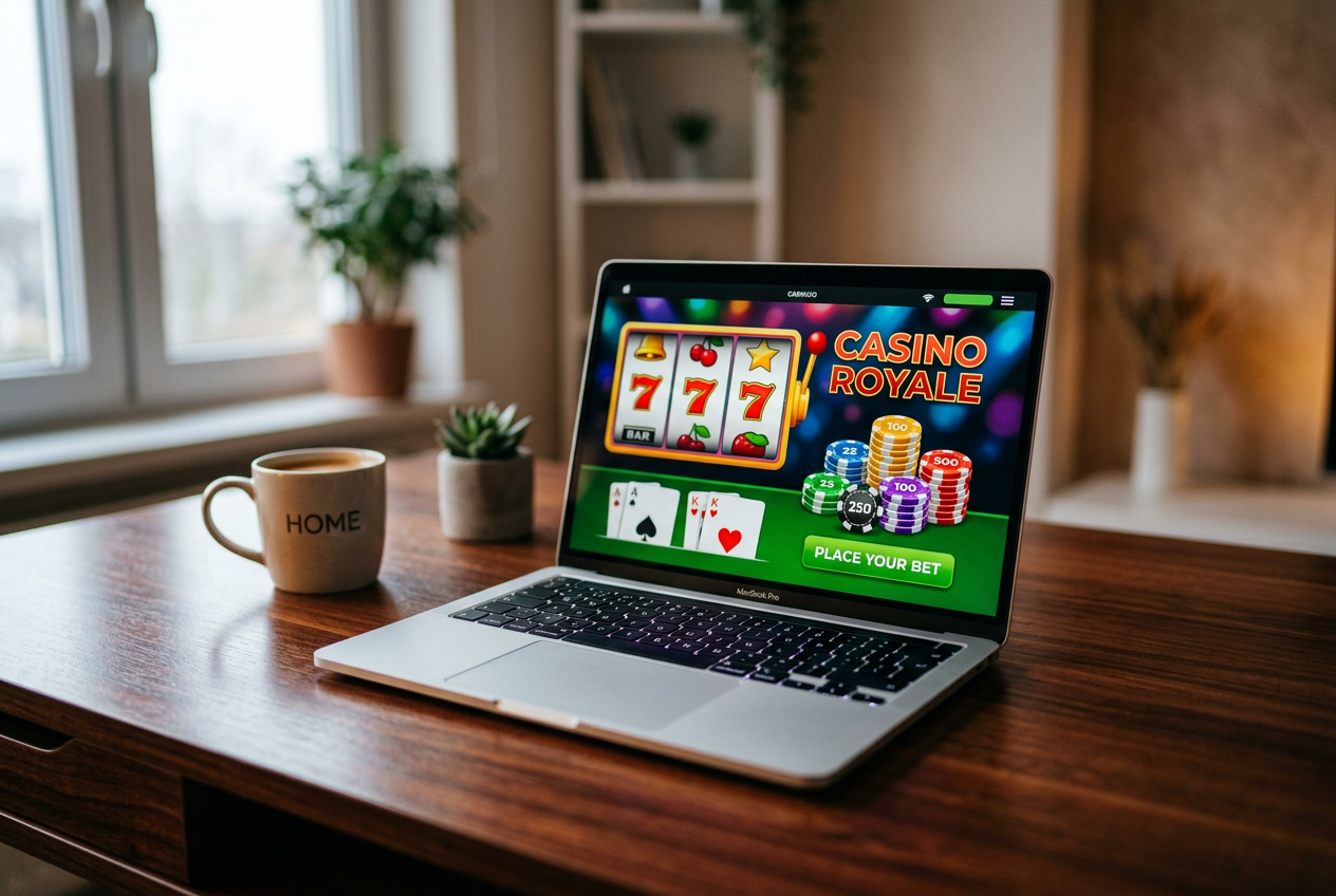 A high-end laptop displaying a modern online casino interface with virtual poker chips.