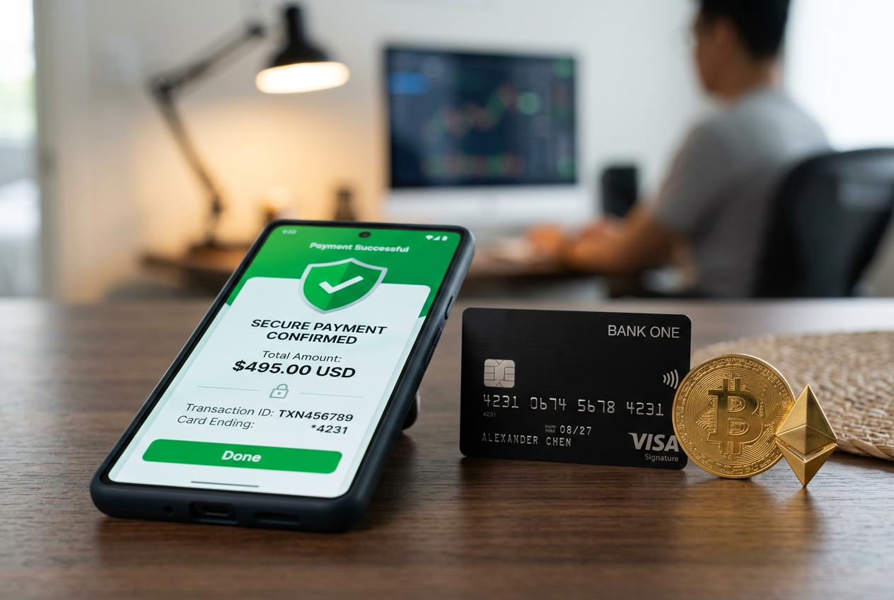 Close-up of a smartphone next to a physical credit card and digital crypto symbols.