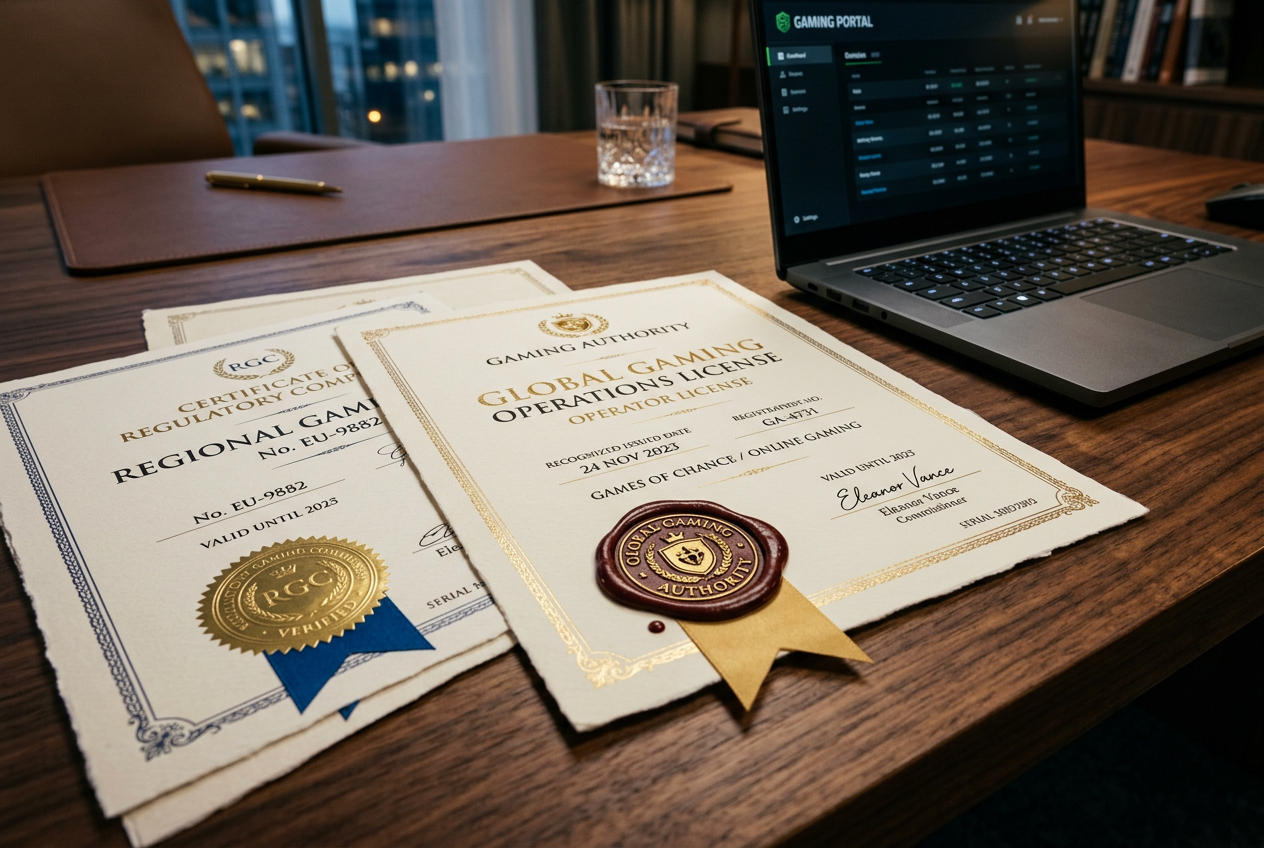 A crystal globe and stylized documents representing international gaming licenses.