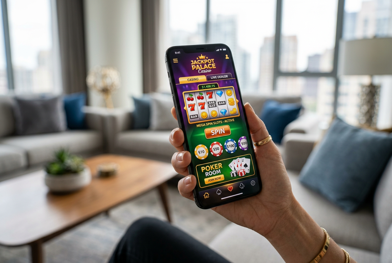 A premium smartphone displaying a vibrant online casino interface with slots and digital chips.
